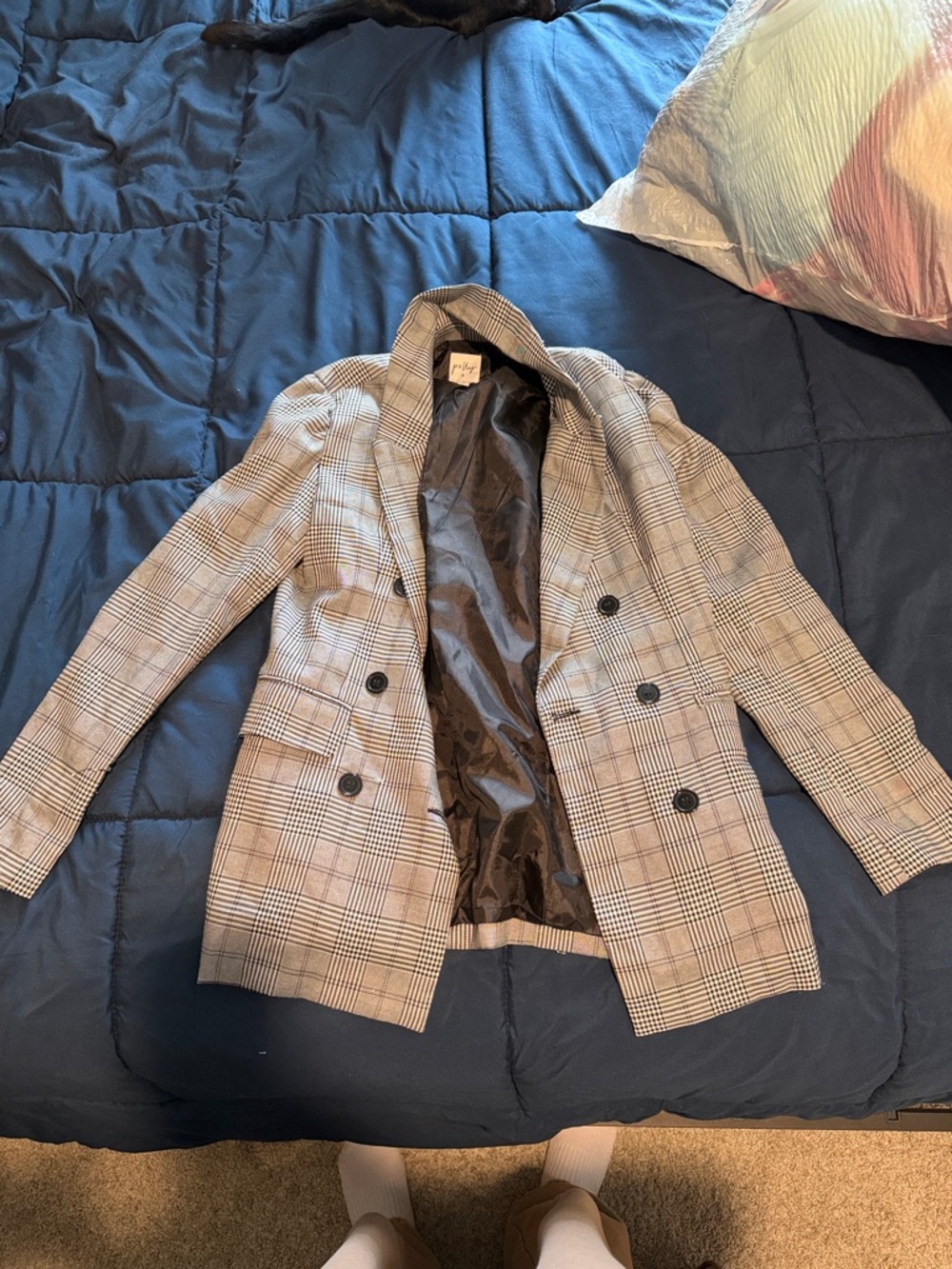 Princess Polly Plaid Double-Breasted Blazer in Beige and Black